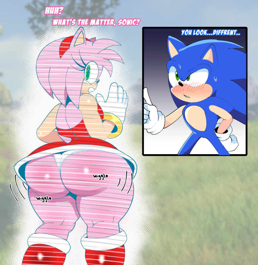 1boy 1girl 1girl absurd_res amy_rose anthro ass back_view big_ass blue_fur blush blush clothed clothing confusion crossnsfw dat_ass dialogue dress english_text exposed fur furry gloves green_eyes headband headwear hedgehog hologram huge_ass looking_back male panties pink_fur sega sonic_frontiers sonic_the_hedgehog sonic_the_hedgehog_(series) sweat tail talking text thick_thighs wide_hips