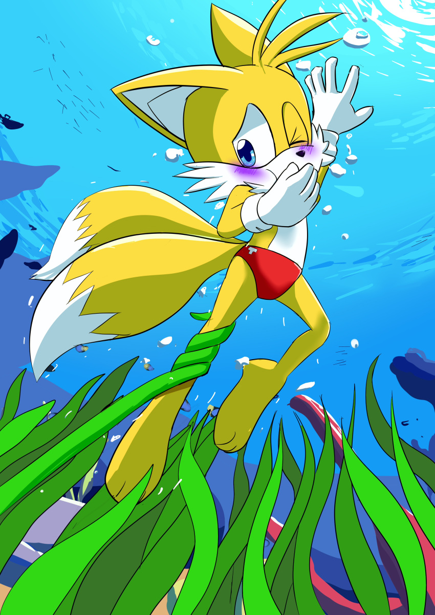 1boy 1girl 3_toes absurd_res asphyxiation barefoot canid canine chief_cheiro clothing drowning feet fox high_res kelp male mammal miles_"tails"_prower peril plantigrade sega sonic_the_hedgehog_(series) speedo swimwear toes trapped underwater water