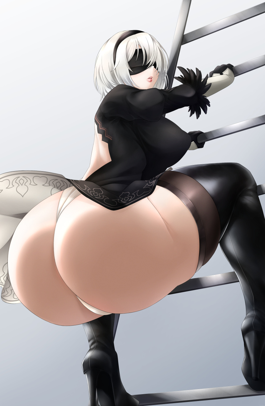 1girl 2b accessory ass ass_focus big_ass big_breasts black_clothing black_legwear black_thighhighs blindfold bottom_heavy breasts bubble_butt clothed clothing dat_ass dumptruck_ass hair_accessory hair_ornament hairband heels huge_ass humanoid ladder legwear light-skinned_female light_skin mhaknow nier nier:_automata nier_(series) open_mouth sexy sexy_ass sexy_body sexy_breasts short_hair sideboob smelly_ass square_enix thicc thick thick_ass thick_thighs thighhighs thighs white_hair yorha_2b yorha_no._2_type_b