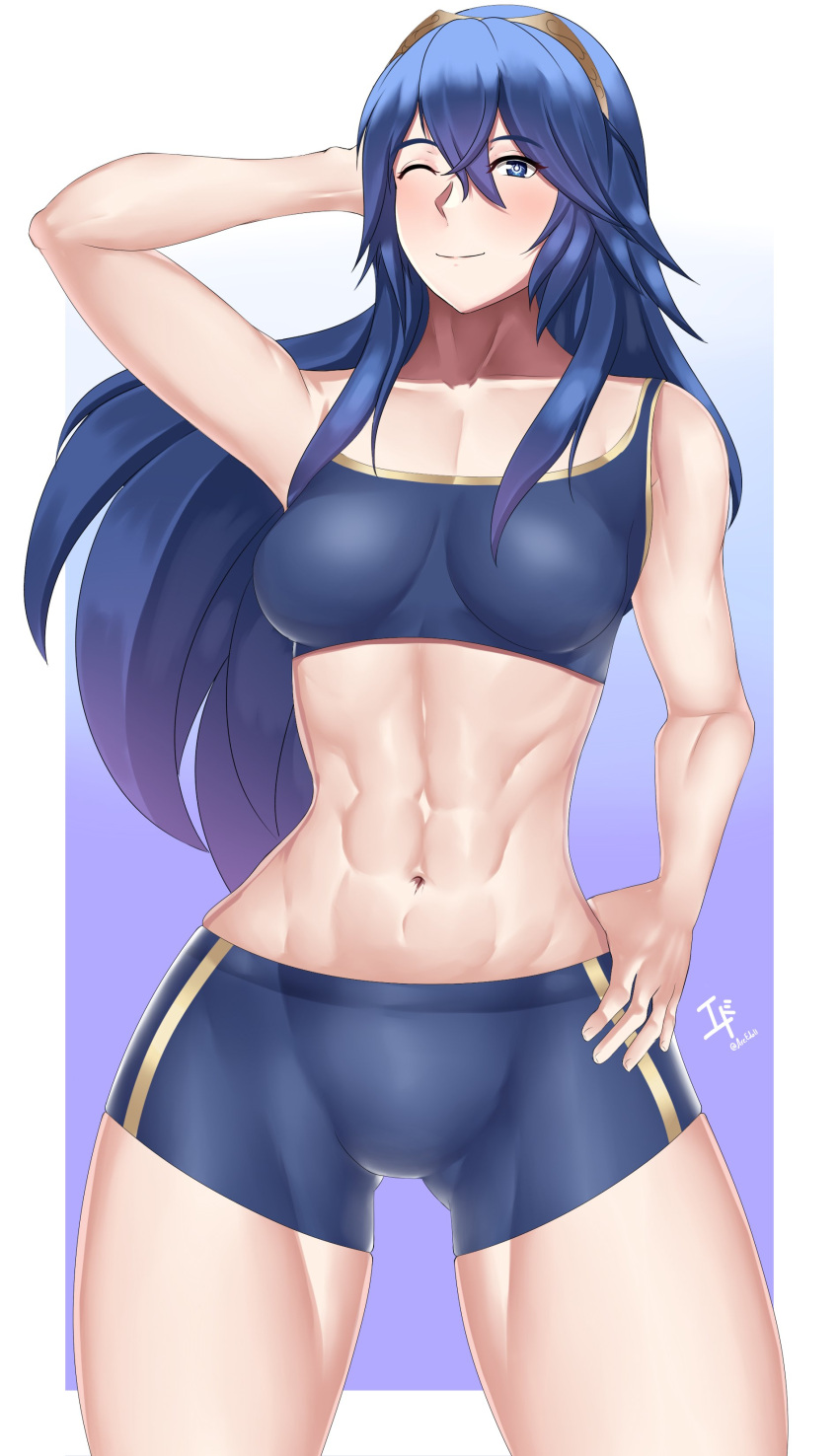 1girl abs absurd_res alluring arcedo arm_behind_head athletic_female bare_shoulders blue_eyes blue_hair blush breasts collarbone female_abs fire_emblem fire_emblem_awakening fit_female hairband hand_on_own_hip high_res long_hair lucina lucina_(fire_emblem) medium_breasts nintendo one_eye_closed shorts sleeveless sports_bra stomach thick_thighs thighs toned wide_hips wink