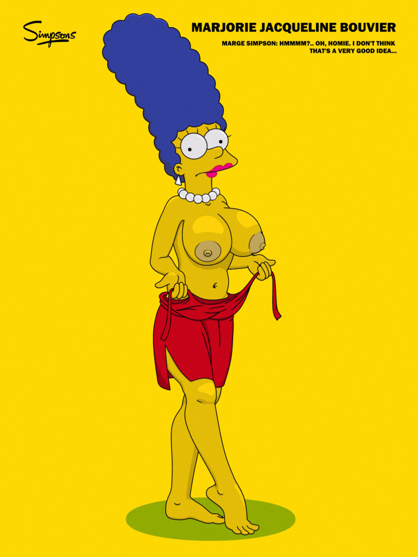 big_breasts blue_hair erect_nipples large_areolae marge_simpson no_bra pearls the_simpsons thighs yellow_skin