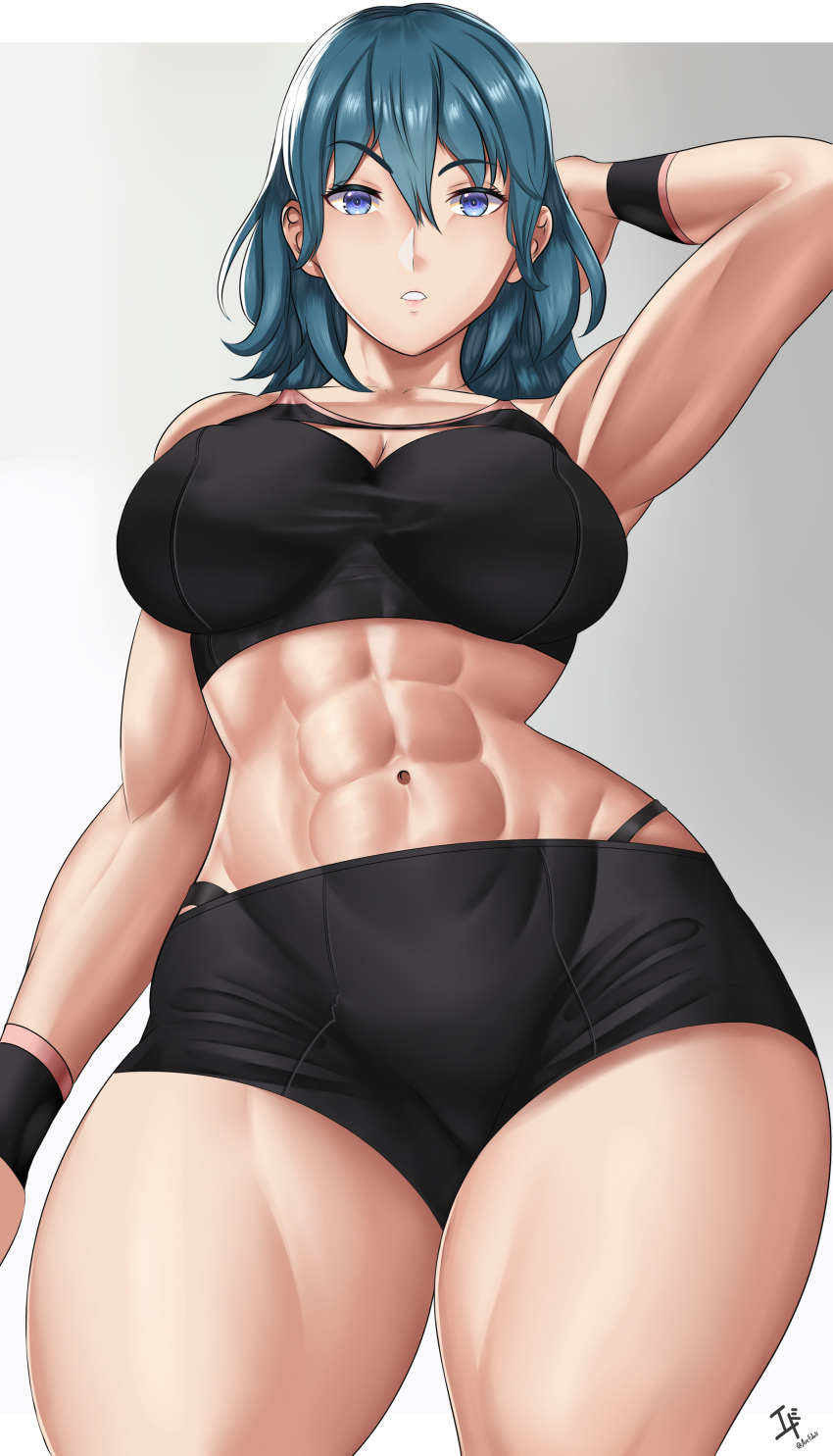 1girl abs absurd_res alluring arcedo athletic_female big_breasts blue_eyes breasts byleth_(female) byleth_(fire_emblem) byleth_(fire_emblem)_(female) cleavage collarbone curvy female_abs fire_emblem fire_emblem:_three_houses fit_female grey_background high_res long_hair looking_at_viewer nintendo parted_lips shorts simple_background sports_bra stomach teal_hair thick_thighs thighs wide_hips wristband
