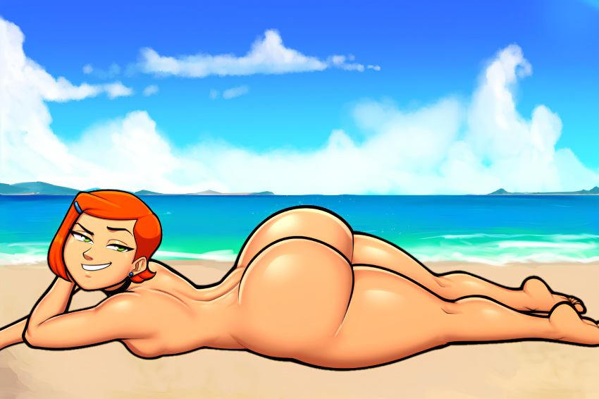 1girl ass beach ben_10 big_ass big_breasts bottom_heavy breasts bubble_butt cartoon_network choker completely_nude completely_nude_female curvaceous curvy dat_ass exhibitionism female_only full_body green_eyes gwen_tennyson high_res huge_ass large_ass laying_down looking_at_viewer lying lying_on_stomach mrpotatoparty naked_female nude nude_beach nude_female ocean orange_hair short_hair shortstack small_breasts smile solo_female starchy thick_thighs thighs voluptuous voluptuous_female water wide_hips young young_girl younger younger_female