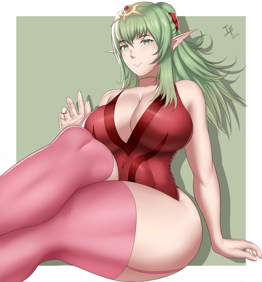 1girl absurd_res alluring arcedo athletic_female big_breasts breasts choker cleavage covered_female_abs dress feet_out_of_frame female_abs_visible_through_clothing fire_emblem fire_emblem_awakening fit_female from_below green_eyes green_hair hair_tie hand_up high_res looking_at_viewer nintendo parted_lips pointy_ears red_dress red_ribbon ribbon shadow sitting smile stockings teeth thick_thighs thighs tiara tiki_(adult)_(fire_emblem) tiki_(fire_emblem) watermark