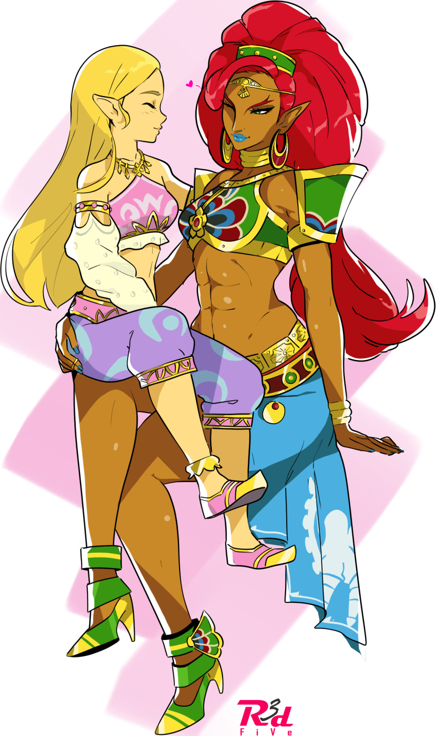 2_girls alternate_costume arabian_clothes arm_support bare_shoulders blonde_hair blue_skirt blush bracelet breastplate breasts breath_of_the_wild closed_eyes couple dark-skinned_female dark_skin duo earrings elf full_body green_eyes half-closed_eyes harem_outfit heart height_difference hoop_earrings hugging interracial long_hair long_skirt looking_at_another love medium_breasts mutual_yuri neck neck_ring necklace nintendo one_eye_closed pointy_ears princess_zelda r3dfive red_hair shoes sitting sitting_on_person skirt small_breasts the_legend_of_zelda tiara urbosa wink yuri zelda_(breath_of_the_wild)