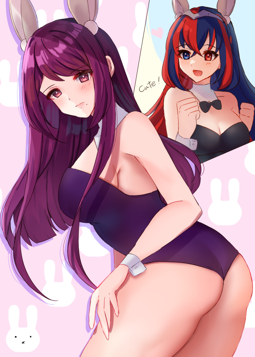 2girls :d alear_(female)_(fire_emblem) alear_(fire_emblem) alluring alternate_costume animal_ears ass bare_arms bare_shoulders big_ass big_breasts black_leotard blue_eyes blue_hair breasts bunny_ears bunny_girl bunnysuit cleavage commentary commentary_request cowboy_shot edamameoka fake_animal_ears female_only fire_emblem fire_emblem_engage heterochromia high_res ivy_(fire_emblem) leotard long_hair looking_at_viewer mole mole_under_eye multicolored_hair multiple_girls nintendo open_mouth playboy_bunny purple_eyes purple_hair purple_leotard rabbit_ears red_eyes red_hair smile standing strapless strapless_leotard streaked_hair swept_bangs thighs two-tone_hair very_long_hair wrist_cuffs