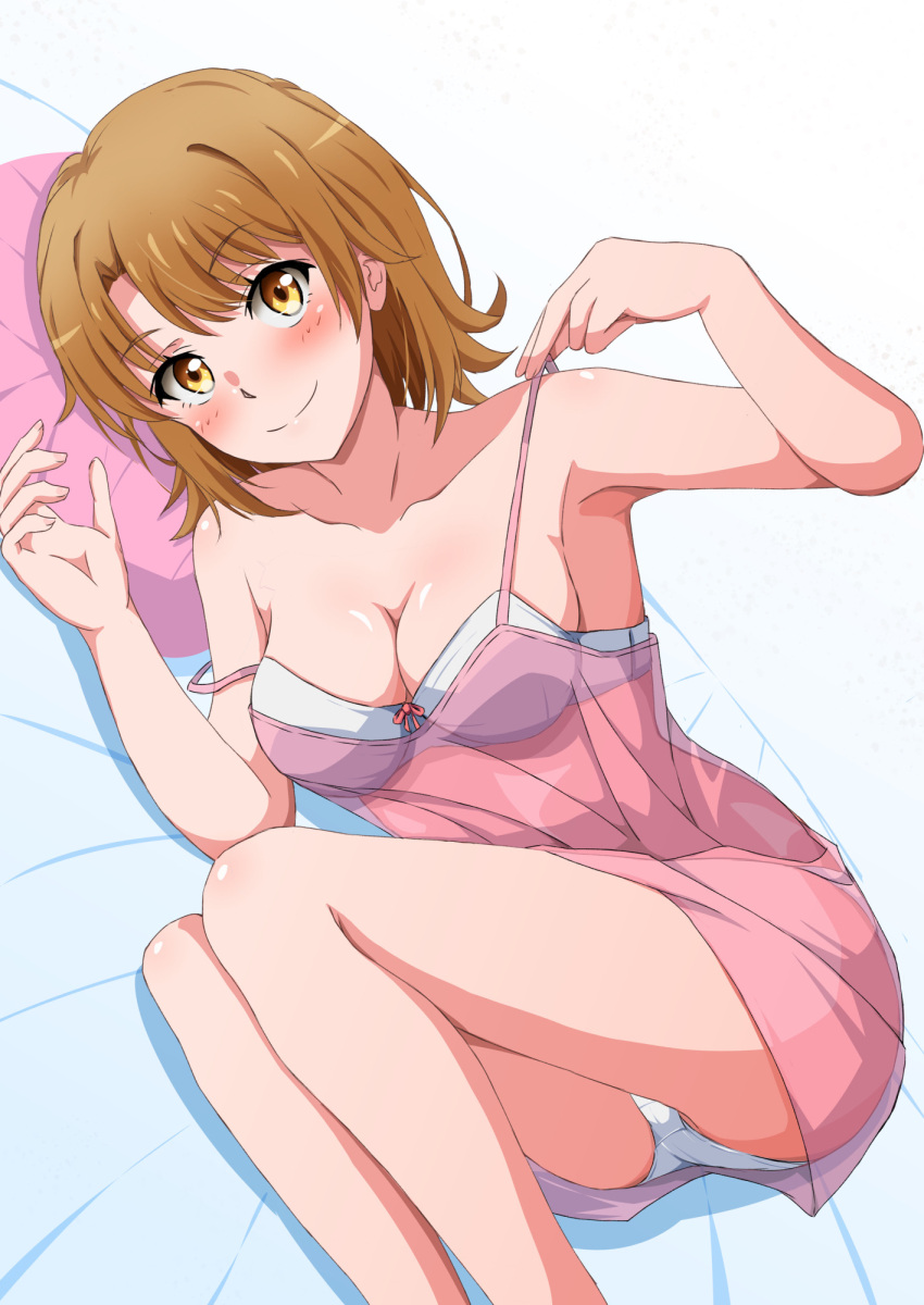 1girl 1girl alluring blush bra breasts brown_hair cleavage closed_mouth collarbone commentary_request high_res isshiki_iroha konoyan looking_at_viewer lying medium_breasts medium_hair nightgown on_side panties pillow pink_nightgown see-through smile underwear white_bra white_panties yahari_ore_no_seishun_lovecome_wa_machigatteiru. yellow_eyes