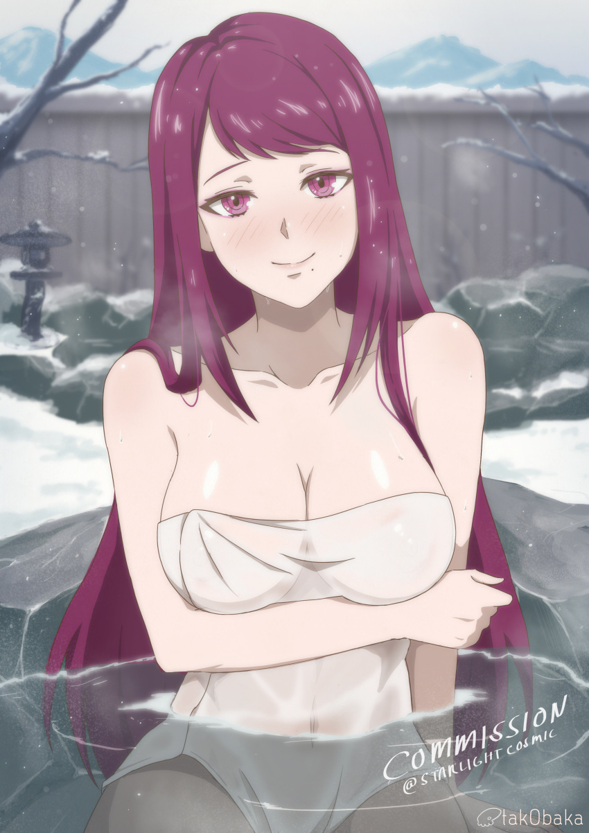 1girl 1girl 1girl absurd_res alluring bare_shoulders bare_thighs bath bathing big_breasts blush breasts cleavage closed_mouth commission covered_navel embarrassed female_only fire_emblem fire_emblem_engage happy high_res ivy_(fire_emblem) long_hair looking_at_viewer medium_breasts mole mole_under_mouth naked_towel nintendo nude_female onsen outside pink_eyes purple_eyes purple_hair smile snow tak0baka thighs towel very_long_hair water wet white_towel