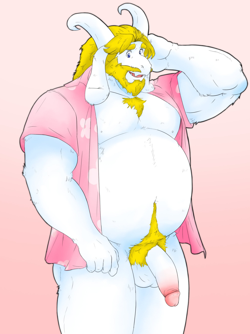 1boy 2d 2d_(artwork) anthro anthro_only asgore_dreemurr balls bara beard big_penis blonde_hair boss_monster bottomless bottomless_male caprine chubby dad_bod deltarune digital_media_(artwork) dilf facial_hair furry furry_male furry_only goat goat_horns gradient_background hairy horns long_ears male male_anthro male_only mammal mature mature_male muscle overweight overweight_male pantsless penis pink_background pink_shirt shirt_only solo_anthro solo_male suckmydadstoes testicle third-party_source unbuttoned_shirt undertale undertale_(series) video_game_character video_game_franchise video_games white_fur