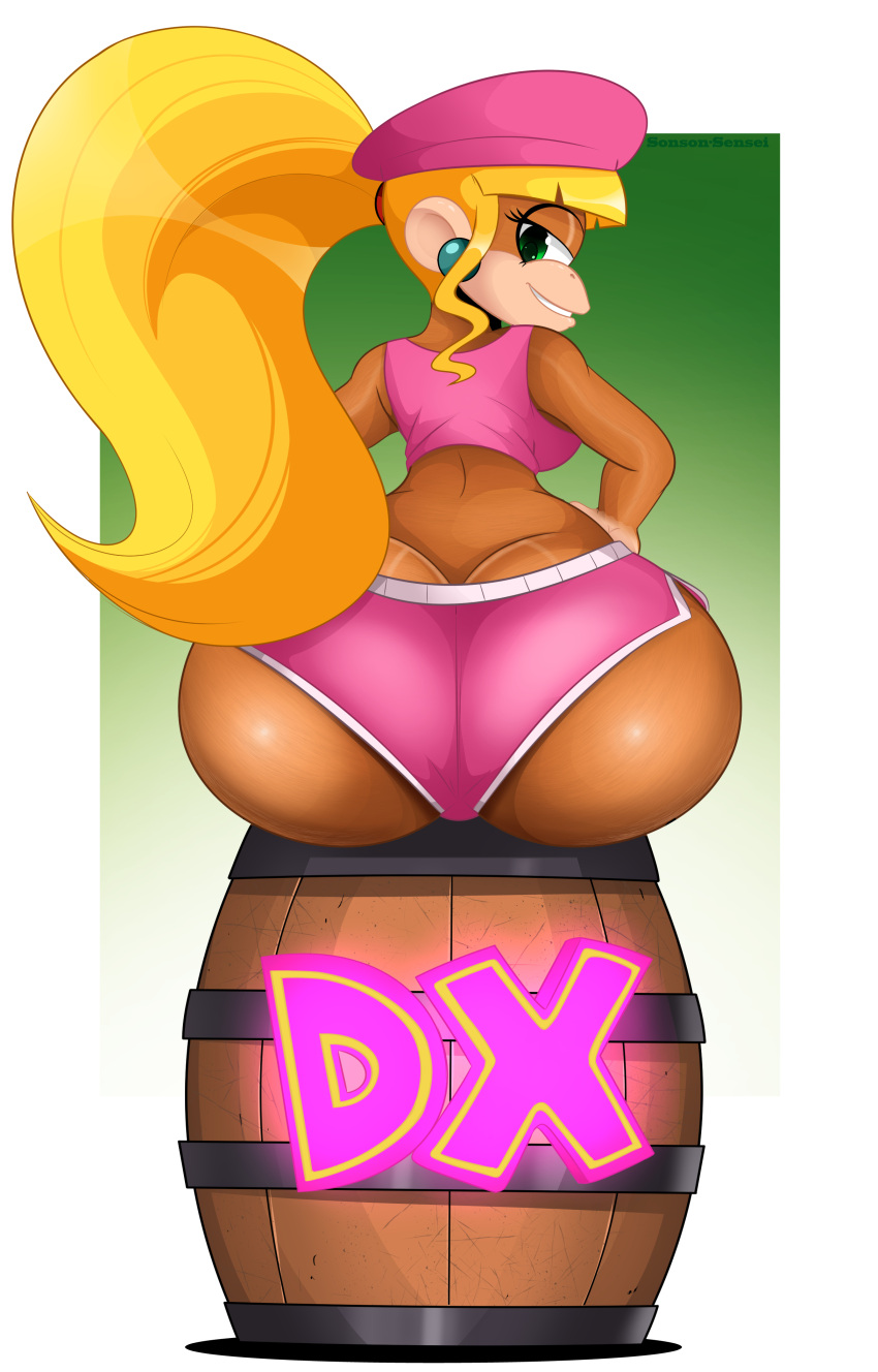 1girl absurd_res anthro ass ass_cleavage back_boob barrel beret big_ass breasts bubble_ass bubble_butt butt_crack butt_focus clothed clothing dat_ass dixie_kong donkey_kong_(series) english_text fur furry furry_only green_eyes hair hat headgear headwear high_res kong looking_at_viewer looking_back mammal monkey monkey_girl nintendo ponytail primate rear_view seductive seductive_look seductive_smile sexy sexy_ass sexy_body sexy_breasts simple_background sitting sitting_on_barrel sonson-sensei text video_games white_background wide_hips
