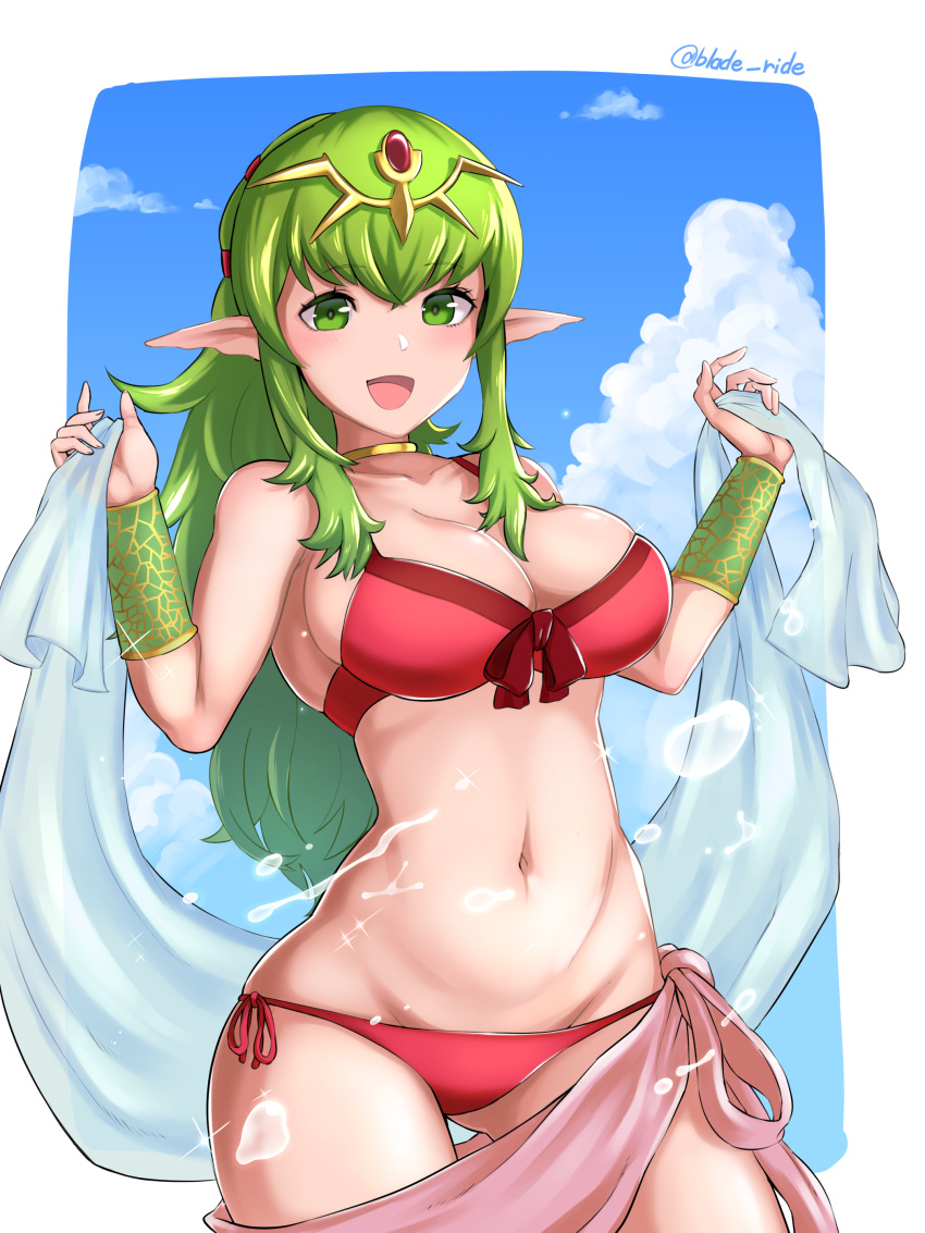 1girl 1girl 1girl :d absurd_res alluring big_breasts big_breasts bikini blade_ride blue_sky breasts choker cleavage cloud day fire_emblem fire_emblem_awakening fire_emblem_heroes green_eyes green_hair groin hair_ornament high_res long_hair navel nintendo open_mouth pink_sarong pointy_ears ponytail red_bikini sarong side-tie_bikini sky smile solo_female summer swimsuit tiara tiki_(adult)_(fire_emblem) tiki_(adult)_(summer)_(fire_emblem) tiki_(fire_emblem) twitter_username