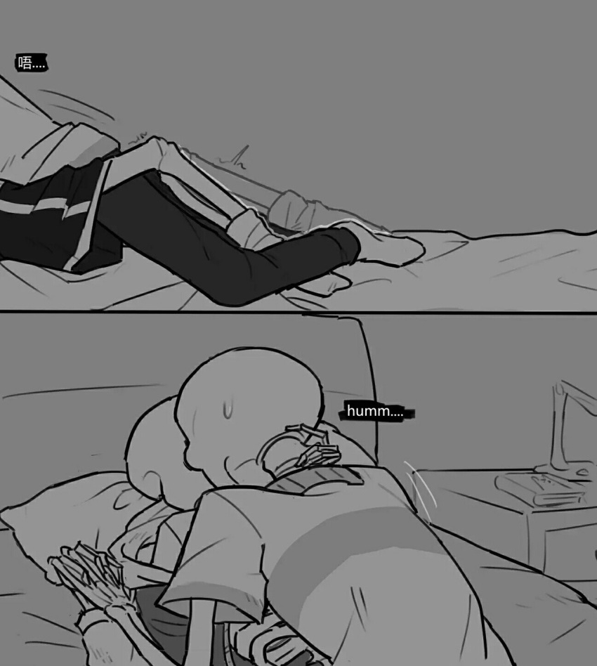 2010s 2018 2boys 2d 2d_(artwork) animated_skeleton bed bedroom bottom_sans brother/brother brothers chinese_text clothed comic digital_media_(artwork) duo fontcest gay incest indoors interlocked_fingers intertwined_fingers male male/male male_only monochrome monster on_bed papyrus papyrus_(undertale) papysans sans sans_(undertale) seme_papyrus skeleton text text_bubble top_papyrus uke_sans undead undertale undertale_(series) unseen_male_face veah-3sin video_games yaoi
