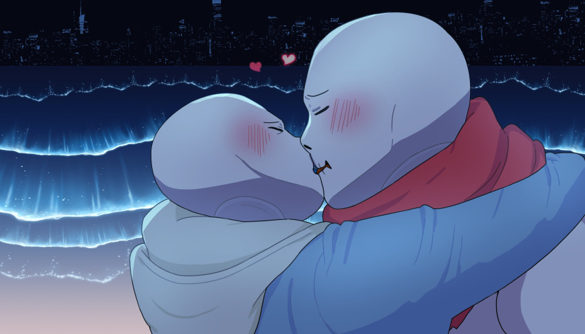 2020s 2022 2boys animated_skeleton arm_around_another's_neck arm_around_neck arm_around_shoulder beach blue_hoodie blue_jacket blush brothers clothed duo fontcest gay hooded_jacket hoodie incest jacket kissing making_out male male/male male_only monster night outdoors papyrus papyrus_(undertale) papysans s2ames2 sans sans_(undertale) scarf skeleton undead undertale undertale_(series) water yaoi