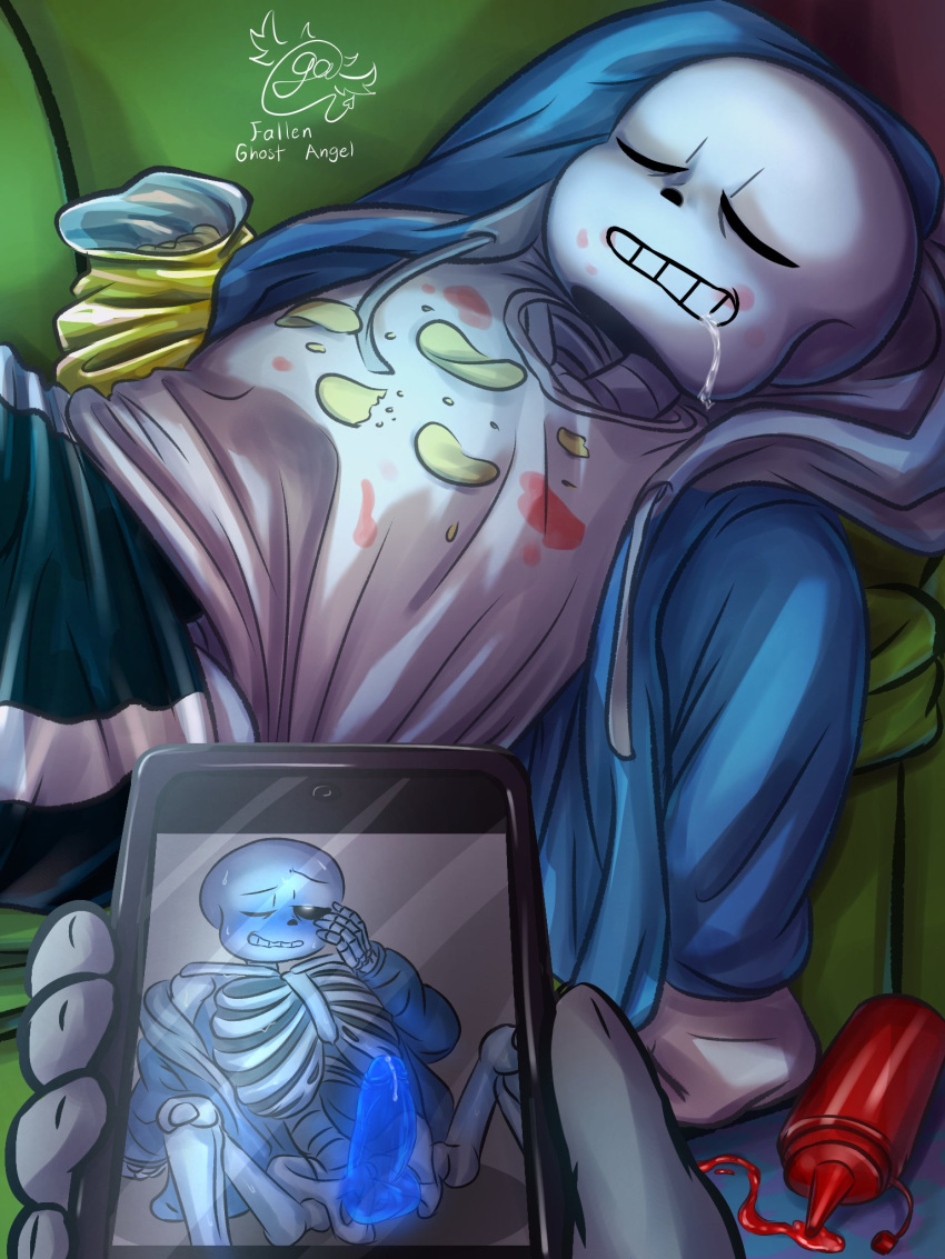 1boy 2020s 2023 animated_skeleton anon anonymous artist_name blue_blush blue_hoodie blue_jacket blue_penis blush bottom_sans clothed couch dirty drooling ectopenis exposed faceless_character fallen_ghost_angel_(artist) food holding_phone hooded_jacket hoodie indoors jacket ketchup ketchup_bottle legs_apart male male_focus messy monster off_shoulder phone potato_chips pov precum sans sans_(undertale) skeleton sleeping snack snacks sofa stained_clothes submissive submissive_male sweat uke_sans undead undertale undertale_(series) yaoi