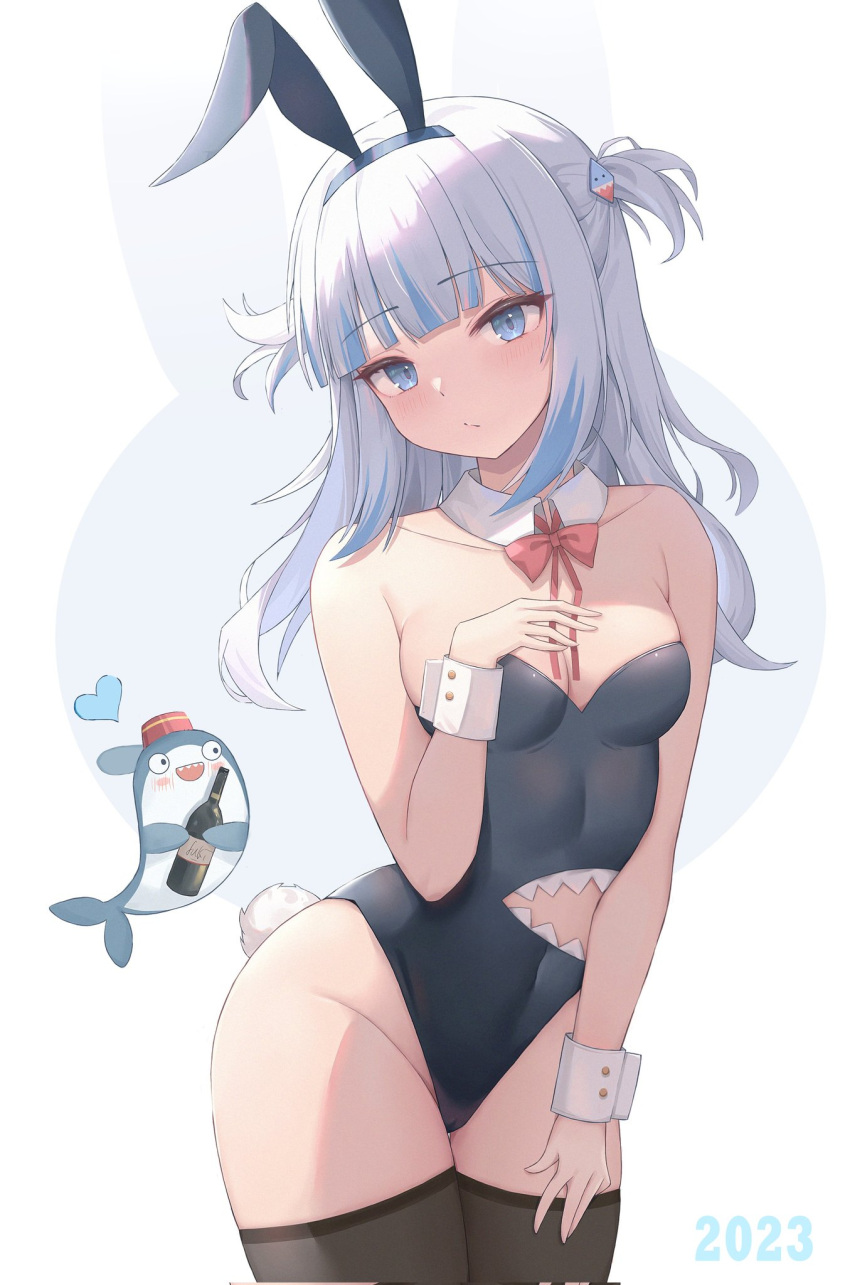 1girl animal_ears bare_hips bare_shoulders black_leotard black_thighhighs bloop_(gawr_gura) blue_eyes blue_hair bow bowtie breasts closed_mouth collarbone covered_navel dchiang detached_collar gawr_gura hair_ornament head_tilt headband high_res hololive hololive_english legs_together leotard looking_at_viewer medium_breasts medium_hair playboy_bunny rabbit_ears rabbit_tail red_bow shark_hair_ornament simple_background sleeve stockings strapless strapless_leotard tail two_side_up virtual_youtuber