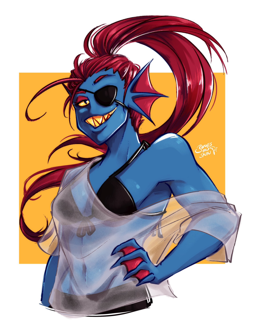 1girl 2020s 2023 alternate_version_available anthro anthro_only artist_name bikini black_bikini blue_body blue_skin bones_on_skin_(artist) breasts eye_patch eyepatch female female_only fish fish_girl hand_on_waist long_hair looking_at_viewer marine monster monster_girl non-mammal_breasts ponytail red_hair see-through_clothes see-through_clothing see-through_shirt sharp_teeth simple_background slit_pupils solo solo_anthro solo_female undertale undertale_(series) undyne yellow_sclera yellow_teeth