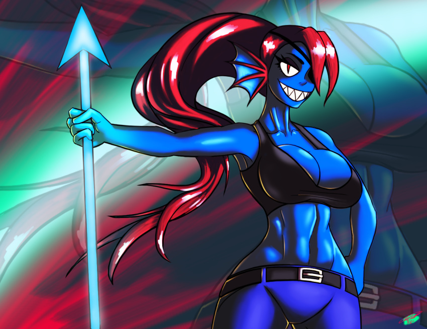 1girl 2020 2020s 2d 2d_(artwork) abs anthro anthro_only artist_name artist_signature belt belt_buckle big_breasts black_belt black_eyepatch black_eyewear black_topwear blue_body blue_bottomwear blue_pants blue_skin bottomwear breasts cleavage clothing dated digital_media_(artwork) ear_fins eyelashes eyepatch eyewear female_focus female_only fins fish fish_girl fully_clothed fully_clothed_female head_fins high_res holding_spear holding_weapon jeans large_filesize long_eyelashes long_hair long_red_hair looking_at_viewer monster monster_girl navel one_eye_covered pants ponytail red_eyes red_hair red_ponytail sharp_teeth slit_pupils smile smiling_at_viewer solo solo_anthro solo_female solo_focus spear teeth topwear twisted4k undertale undertale_(series) undyne video_game_character video_games weapon