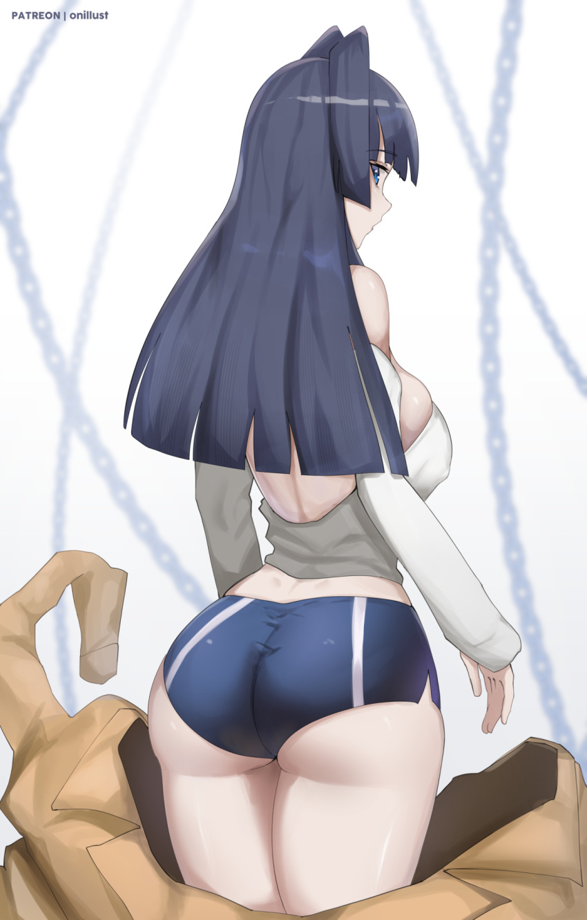 1girl 1girl 2023 ass bare_shoulders big_breasts blue_eyes blue_hair blue_shorts blurry blurry_background breasts buruma chain curvy depth_of_field from_side high_res hololive hololive_english huge_ass long_hair long_sleeves looking_at_viewer looking_back o22no ouro_kronii plump shorts sideboob standing thick_thighs thighs underwear virtual_youtuber