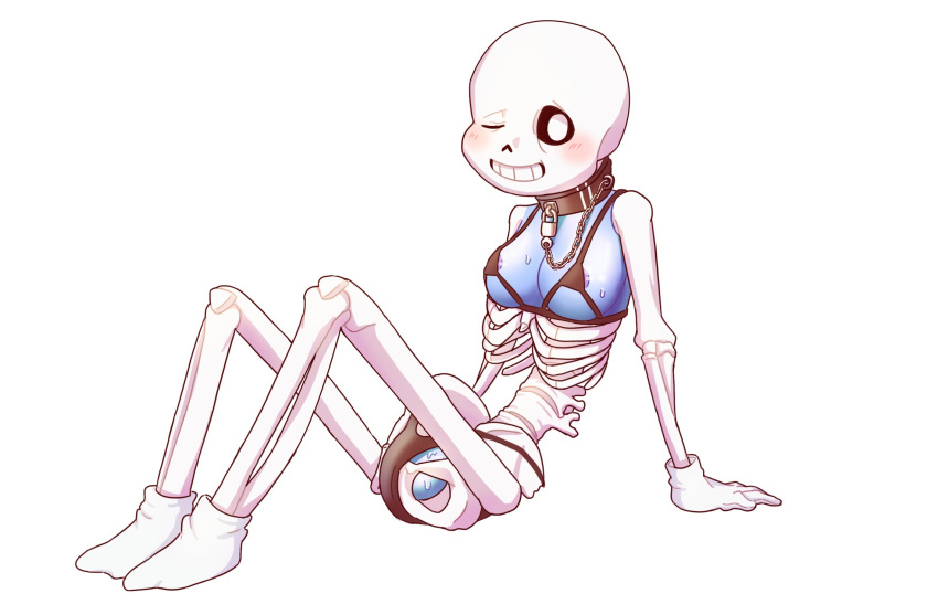 2d 2d_(artwork) animated_skeleton areola_slip areolae_slip arm_support barely_clothed black_underwear blue_breasts breasts chain chains collar digital_media_(artwork) ectobreasts ectoplasm gloves looking_at_viewer monster one_eye_closed s2ames2 sans sans_(undertale) sitting skeleton socks submissive undead undertale undertale_(series) underwear video_games visible_areola white_background white_gloves white_socks winking_at_viewer