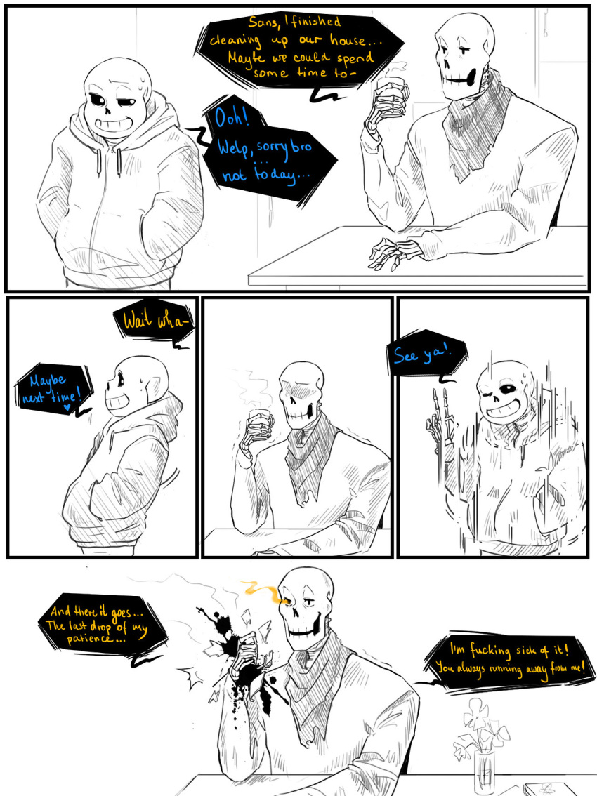 2010s 2017 animated_skeleton broken_glass brother brother_and_brother brothers clothed comic comic_page comic_panel duo english_text fontcest glass holding_glass male male_only monster papyrus papyrus_(undertale) papysans profanity sans sans_(undertale) sequence sequential skeleton speech_bubble supermuuh teleport text text_bubble undead undertale undertale_(series) yandere yandere_papyrus