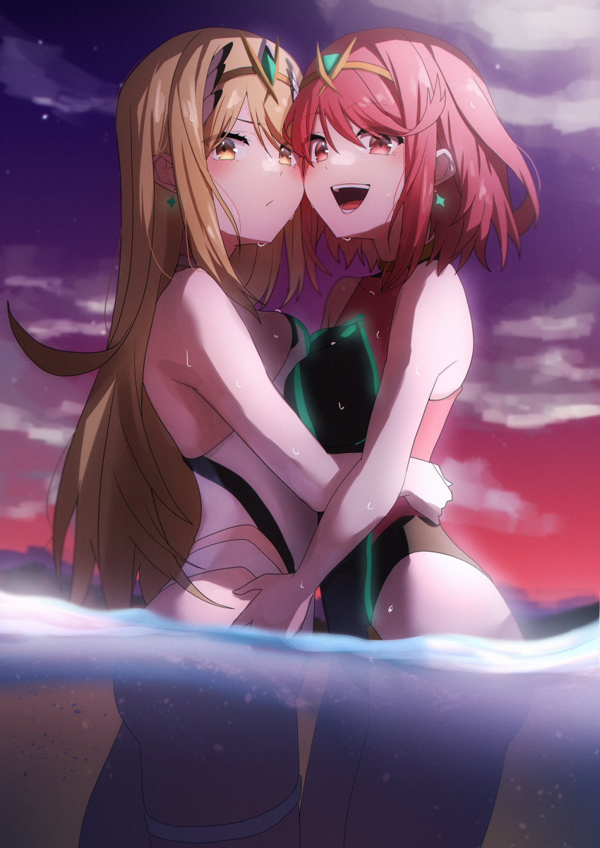 2_girls alluring bare_shoulders blonde_hair blush breasts cowboy_shot earrings hands_on_own_hips high_res hugging jewelry long_hair looking_at_viewer medium_breasts multiple_girls mythra_(xenoblade) nintendo pyra_(xenoblade) red_eyes red_hair short_hair slope_(check238) swimsuit thigh_strap tiara wet xenoblade_(series) xenoblade_chronicles_(series) xenoblade_chronicles_2 yellow_eyes
