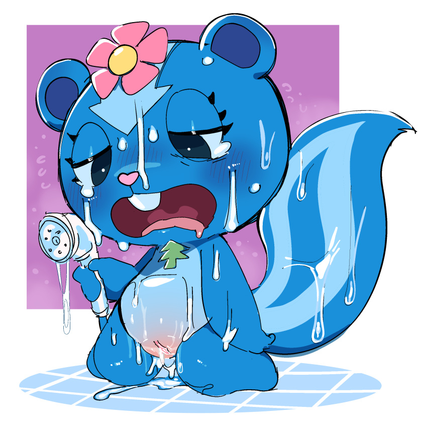 1girl absurd_res after_masturbation after_orgasm anthro blue_body blush bodily_fluids buckteeth crying eyelashes genitals happy_tree_friends high_res mammal mephitid nude open_mouth petunia_(htf) pussy pussy_juice shower simple_background skunk tears teeth tongue water wet wet_pussy