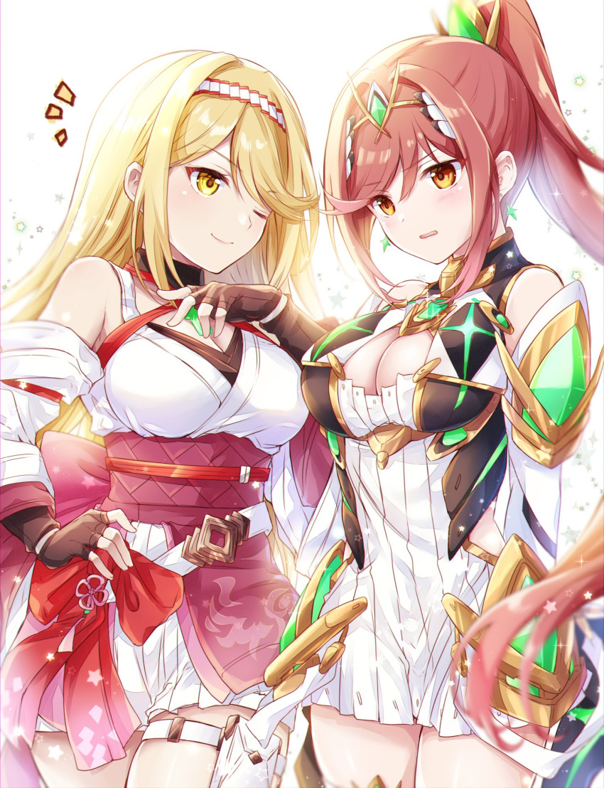2_girls alluring alternate_costume aunt_and_niece big_breasts blonde_hair breasts chest_jewel glimmer_(xenoblade) glimmer_(xenoblade)_(cosplay) mythra_(xenoblade) mythra_(xenoblade)_(cosplay) red_eyes ui_frara xenoblade_(series) xenoblade_chronicles_(series) xenoblade_chronicles_2 xenoblade_chronicles_3 xenoblade_chronicles_3:_future_redeemed yellow_eyes