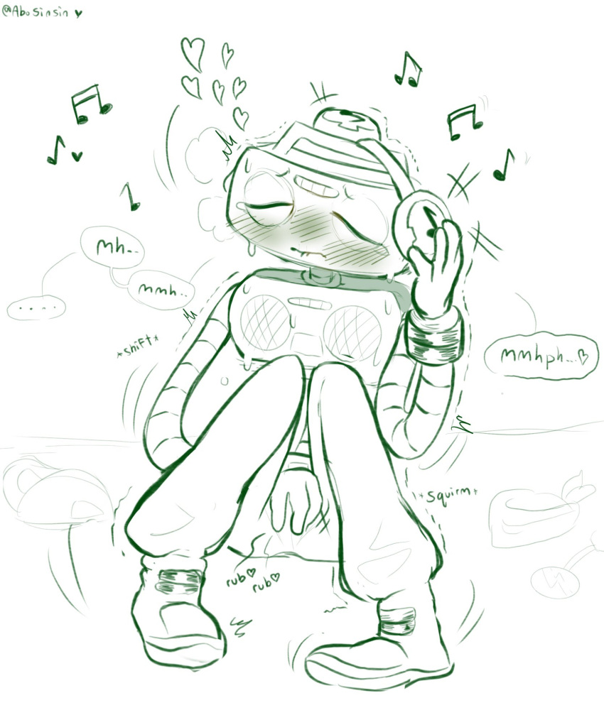 1boy 2020s 2021 abosinsin bad_id bad_twitter_id blush cakes_(deltarune) clothed commission commission_art crotch_rub deltarune deltarune_chapter_2 headphones heart k_k masturbation musical_note musical_notes robot sitting sketch solo tears touching_crotch trembling trembling_legs twitter_username undertale_(series) white_background