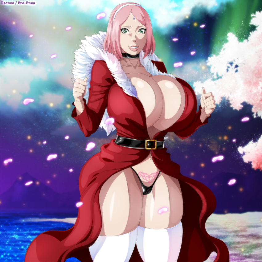 boruto:_naruto_next_generations christmas gigantic_ass gigantic_breasts green_eyes pink_hair robe rtenzo_(artist) sakura_haruno snow tattoo womb_tattoo