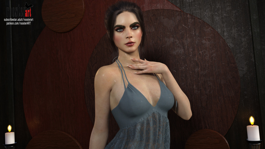 1girl 3d 3d_(artwork) blush blushing_at_viewer breasts candles cara_delevingne celeb cleavage closed_mouth clothed clothed_female dress female_focus indoors looking_at_viewer open_eyes patreon patreon_username roosterart sharp_nails shoulders solo_focus standing subscribestar subscribestar_username sweating