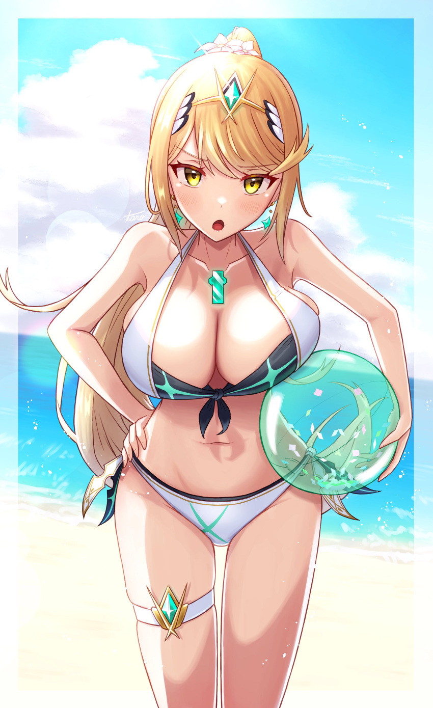 1girl absurd_res adapted_costume alluring ball big_breasts blonde_hair breasts chest_jewel cleavage headpiece high_res long_hair mythra mythra_(xenoblade) nintendo ponytail swept_bangs taro_(peach_taro51) thigh_strap tiara very_long_hair xenoblade_(series) xenoblade_chronicles_2 yellow_eyes