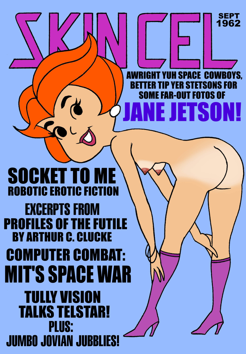 1girl ass black_eyes breasts earrings eyebrows eyelashes female_only grin hanna-barbera jane_jetson nipples orange_hair pink_lipstick purple_shoes sexy_ass sexy_body sexy_breasts skincel smile the_jetsons toonytease