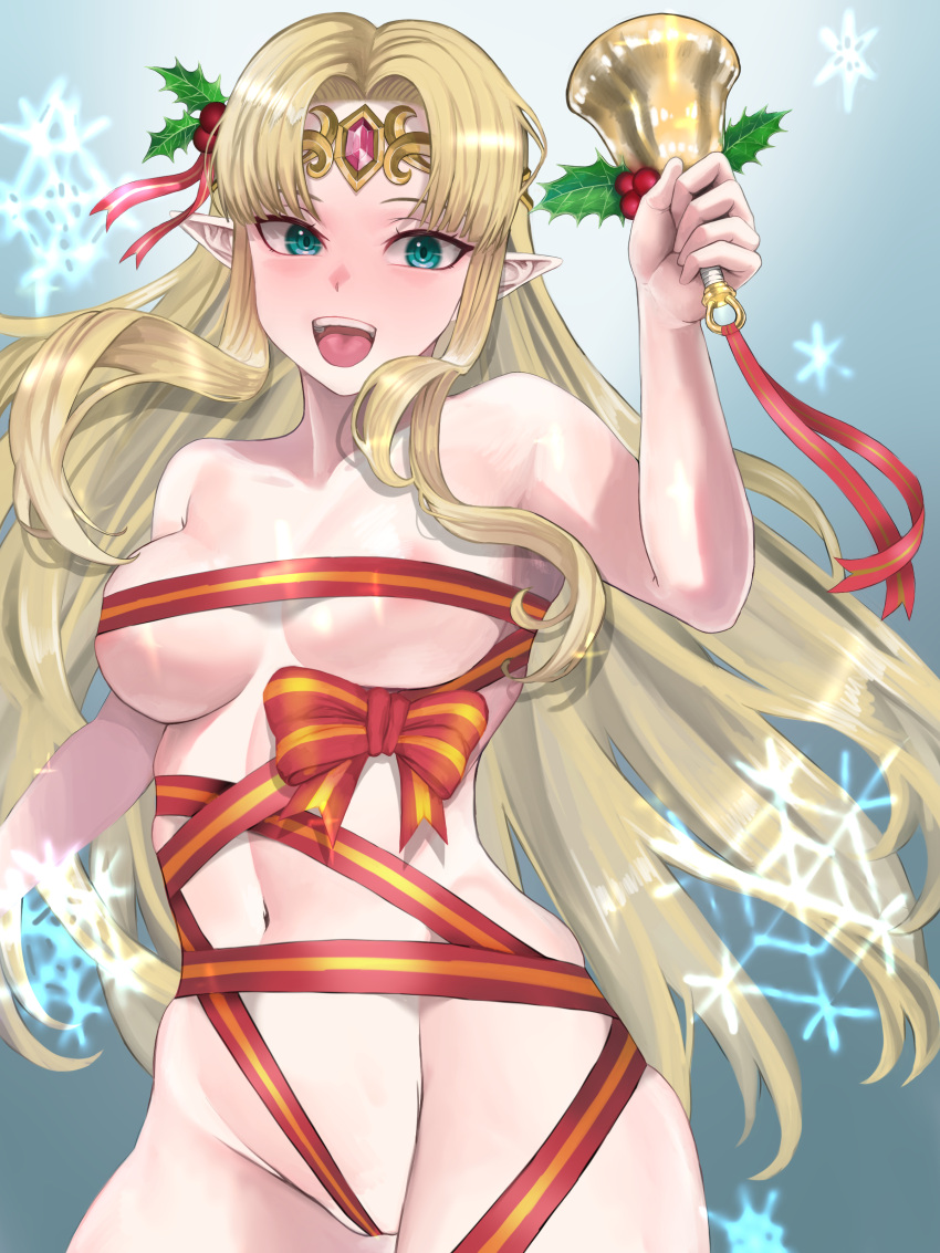 1girl 1girl alluring alternate_version_available areola areolae_slip bangs bare_thighs bell blonde_hair blue_eyes breasts christmas completely_nude_female female_only long_hair medium_breasts naked_ribbon nintendo nude nude_female open_mouth pocari66 princess_zelda ribbon sideboob smile snowflake the_legend_of_zelda thighs very_long_hair zelda_(a_link_between_worlds)