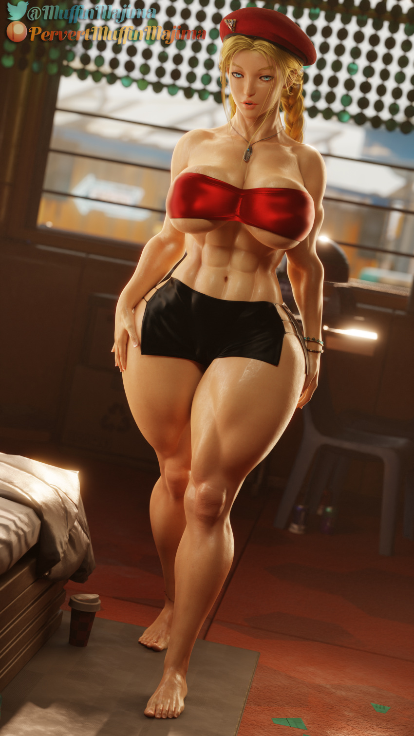 1girl 3d abs bandeau barefoot big_breasts blonde_hair blue_eyes braid breasts cammy_white curvaceous curvy curvy_body curvy_female curvy_figure feet female_only hand_on_leg hand_on_thigh hat headwear huge_breasts long_hair muscular muscular_female necklace pervertmuffinmajima pigtails skirt solo_female standing street_fighter thick_thighs thighs tubetop voluptuous wide_hips