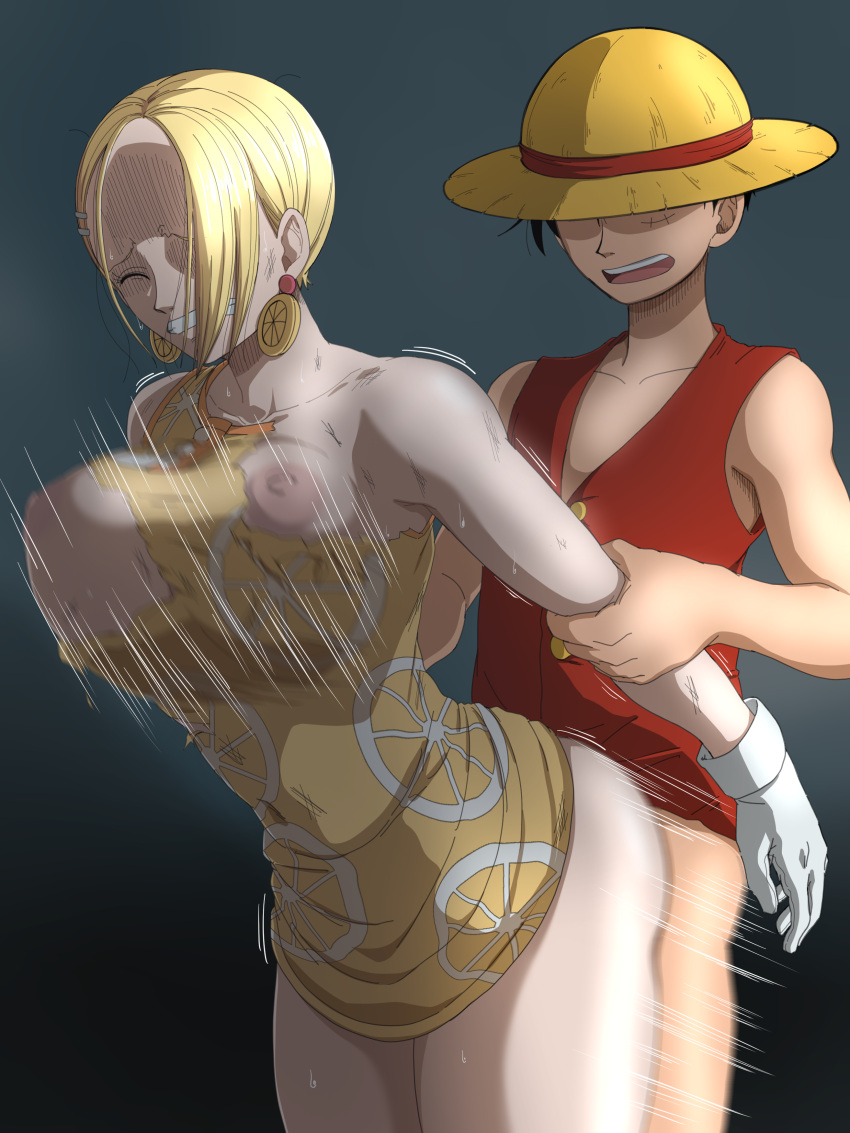 1boy 1girl arm_grab arms_held_back big_breasts blonde_hair bouncing_breasts breasts clothed_female fanbox_reward from_behind hazama_null high_res male male/female mature mature_female mikita_(one_piece) miss_valentine monkey_d._luffy motion_lines one_piece pixiv_fanbox short_hair
