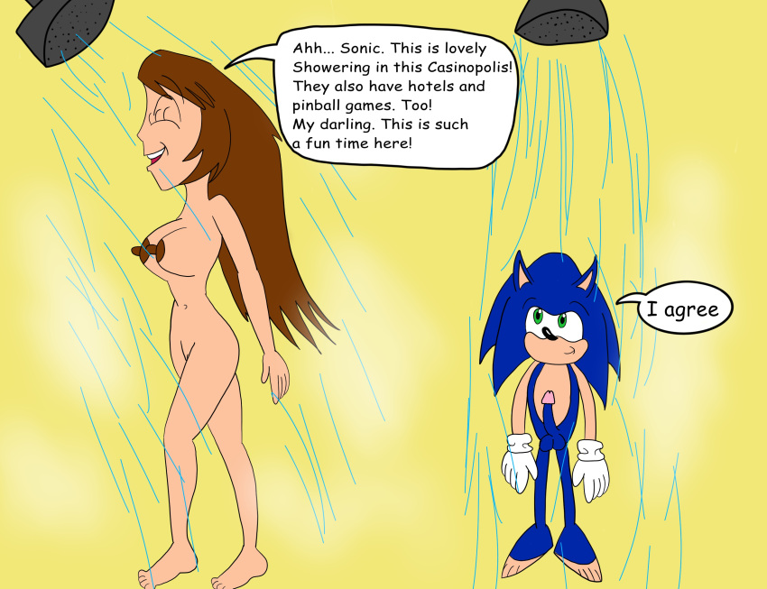 1boy 1girl barefoot blue_penis blue_skin breasts breasts brown_hair closed_eyes english_text eyebrows eyelashes feet furry green_eyes hedgehog human navel nipples open_eyes open_mouth pussy sarah sega sega shower smile sonic_the_hedgehog sonic_the_hedgehog_(series) text text_bubble water_drop wet wet_body white_gloves yellow_background