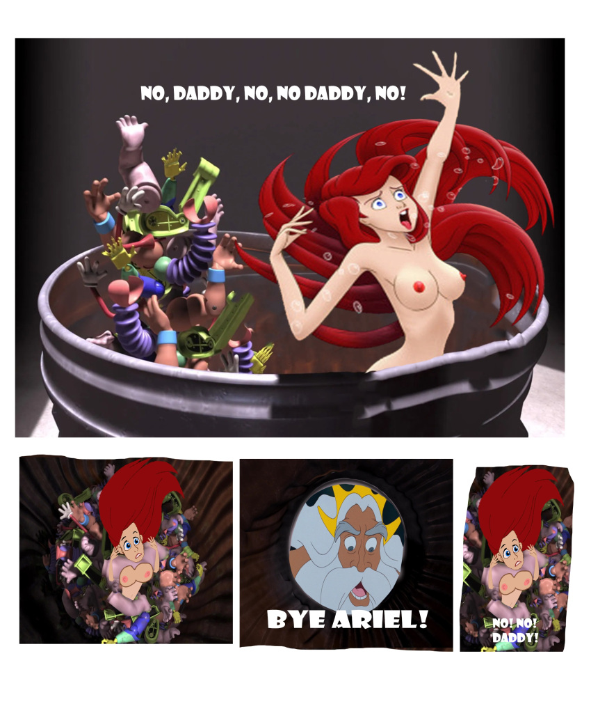 1girl 2024 arms_up barefoot black_background blue_eyes breasts breasts comic crossover crown disney dream dreaming english_text father feet grabbing king_triton lipstick male navel night nightmare nipples open_eyes open_mouth princess_ariel pussy red_hair screaming sexy sexy_body sexy_breasts text the_little_mermaid toy_arms toy_story_2 trash_can white_hair