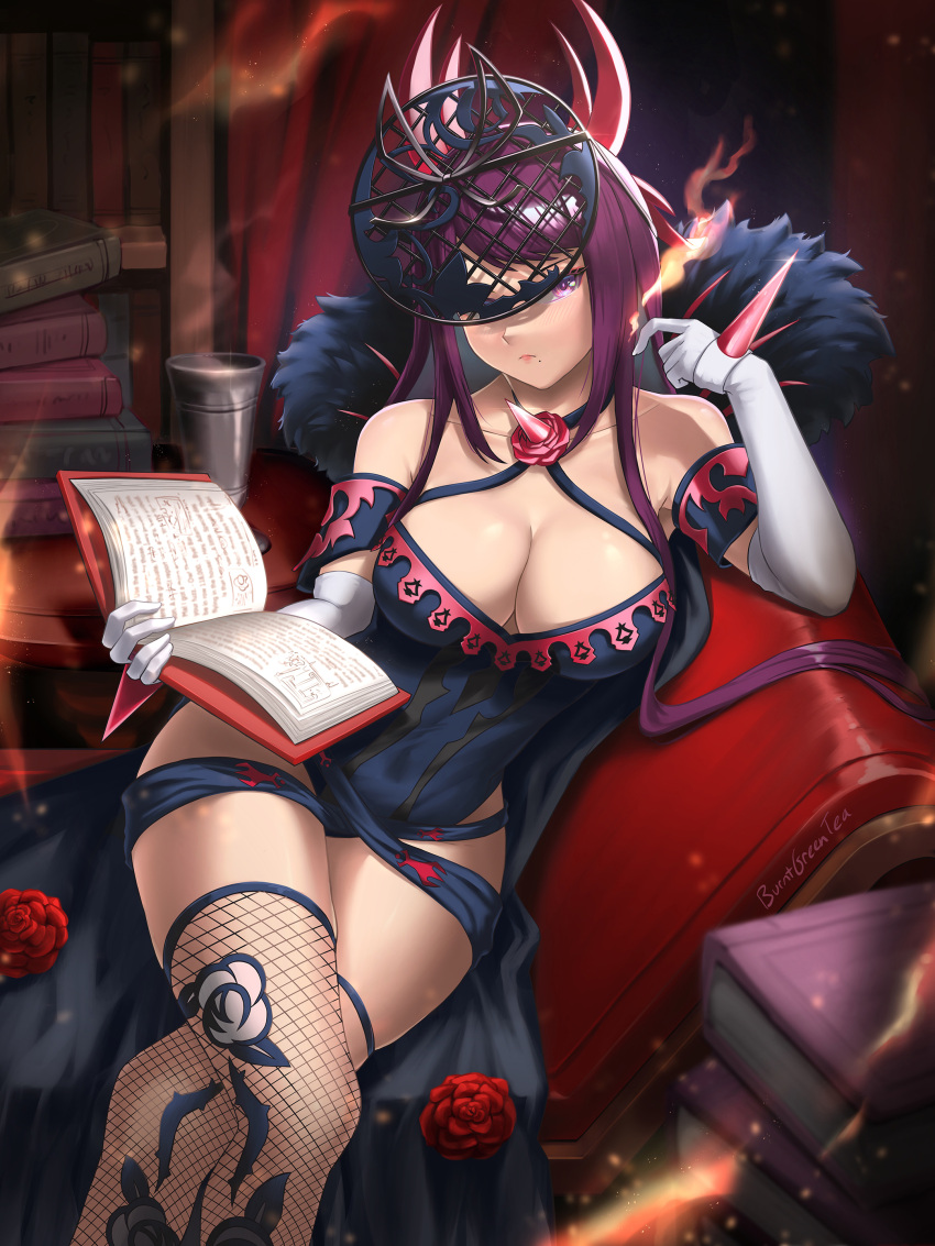 1girl 1girl absurd_res alluring bare_shoulders big_breasts big_breasts blush book breasts brooch burnt_green_tea cape chalice cleavage couch crossed_legs cup elbow_gloves elbow_rest feather_trim fire fire_emblem fire_emblem_engage fishnet_thighhighs fishnets floral_print flower flower_brooch gloves green_eyes high_res holding holding_book ivy_(fire_emblem) jewelry mole mole_under_mouth nintendo on_couch open_book purple_hair red_flower red_rose rose sitting spikes steam stockings thorn_print watermark white_gloves