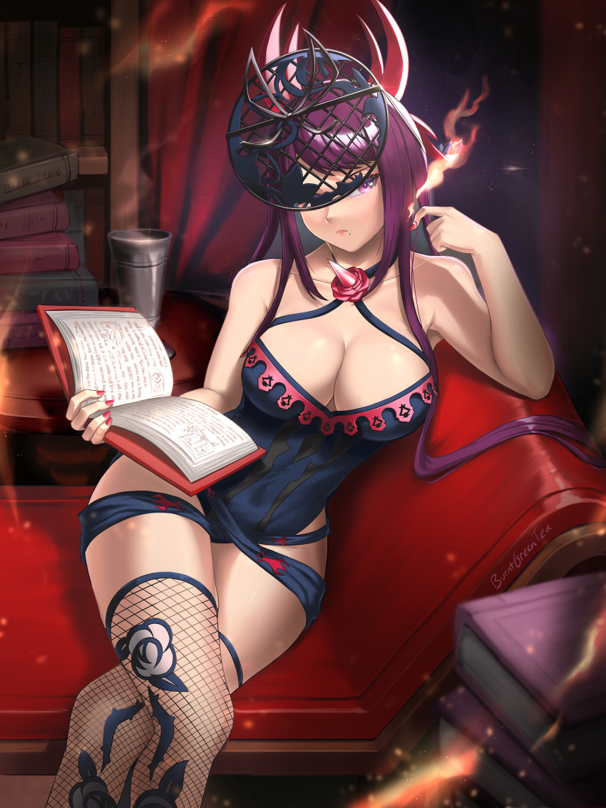 1girl 1girl absurd_res adapted_costume alluring bare_shoulders big_breasts blush book breasts brooch burnt_green_tea chalice cleavage couch crossed_legs cup elbow_gloves elbow_rest fire fire_emblem fire_emblem_engage fishnet_thighhighs fishnets floral_print flower flower_brooch gloves green_eyes high_res holding holding_book ivy_(fire_emblem) jewelry mole mole_under_mouth nintendo on_couch open_book purple_hair red_flower red_rose rose sitting spikes steam stockings thorn_print watermark white_gloves