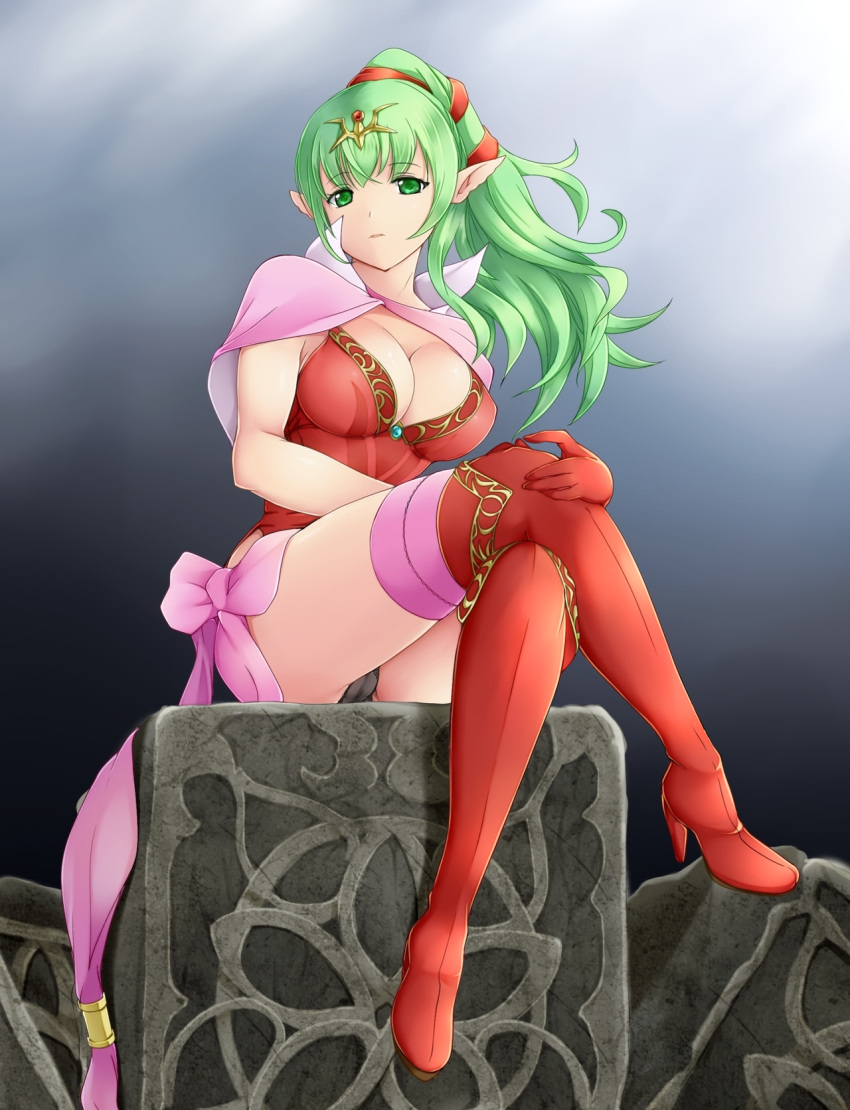 1girl 1girl alluring ashita_yaru big_breasts black_panties boots breasts cleavage commentary_request crossed_legs dress fire_emblem fire_emblem_awakening gloves green_eyes green_hair hair_ornament hair_ribbon high_heel_boots high_heels long_hair looking_at_viewer manakete nintendo older panties pantyshot pantyshot_(sitting) partially_visible_vulva photoshop_(medium) pink_capelet pink_legwear pointy_ears ponytail red_dress red_footwear red_gloves red_ribbon ribbon short_dress sitting solo_female stockings thigh_high_boots tiki_(adult)_(fire_emblem) tiki_(fire_emblem) underwear upskirt