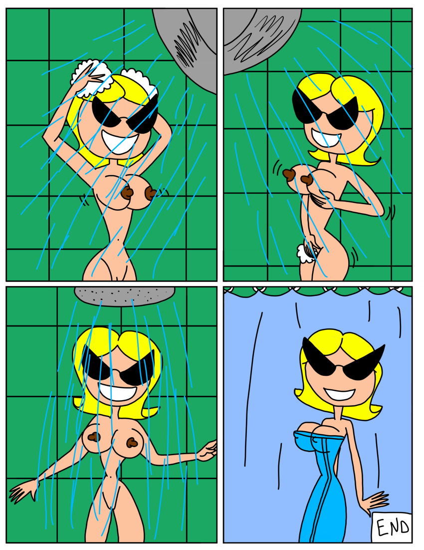 1girl 1girl 2022 ass blue_towel breast_grab breasts breasts comic disney female_only fingering_pussy green_background knick_knack looking_at_viewer matiriani28 navel nipples pixar pussy pussy shower shower_curtain smile sunglasses sunny_miami washing_hair water_drop yellow_hair