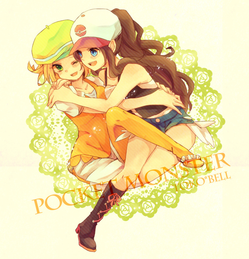 2_girls 2girls art artist_request baseball_cap bel_(pokemon) bianca_(pokemon) blush breasts female female_protagonist_(pokemon_bw2) game_freak green_eyes happy hat hilda_(pokemon) hug hugging humans_of_pokemon love multiple_girls nintendo open_mouth pokemon pokemon_(anime) pokemon_(game) pokemon_black_2_&amp;_white_2 pokemon_black_and_white pokemon_bw pokemon_bw2 smile touko_(pokemon) white_(pokemon) yellow_hair yuri