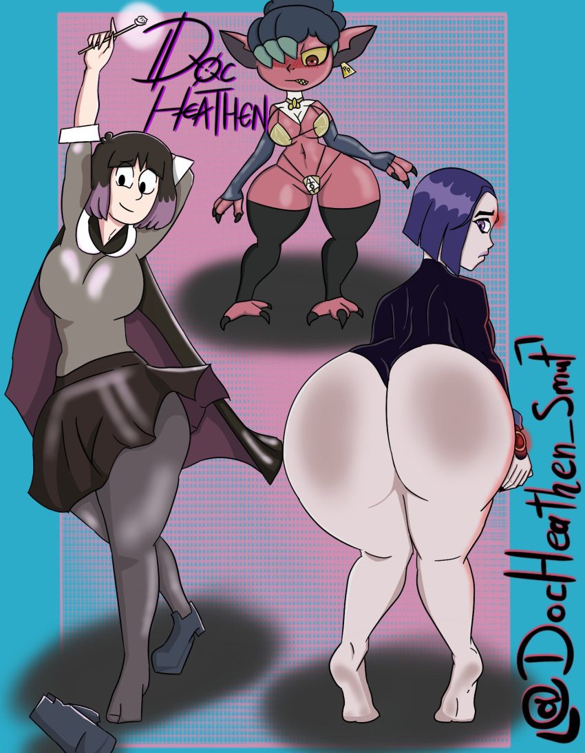3_girls 3girls ass barefoot bicolored_cape bicolored_hair big_ass big_breasts black_cape black_hair black_skirt blush breasts cape clothed crossover dat_ass dc_comics disney docheathen_smut feet female female_only forehead_jewel grey_skin grey_sweater grin hilda_(series) huge_ass huge_breasts kaisa_(hilda) kikimora_(the_owl_house) large_ass legwear leotard looking_at_viewer looking_back looking_back_at_viewer magic_wand multiple_girls netflix pale-skinned_female pale_skin purple_cape purple_eyes purple_hair purple_legwear purple_leotard raven_(dc) red_skin sad shirt short_hair skirt smile smiling_at_viewer stockings sweater teen_titans the_owl_house thick thick_ass thick_body thick_breasts thick_butt thick_hips thick_legs thick_thighs thighs thong_leotard voluptuous voluptuous_female wand white_shirt wide_hips