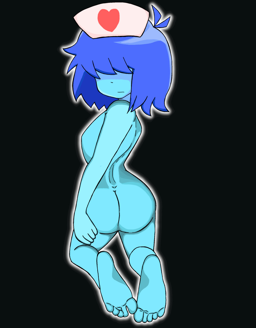 1girl 2020s 2022 2d 2d_(artwork) alternate_version_available ass black_background blue_body blue_hair blue_skin breasts butt deltarune digital_media_(artwork) feet female female_human female_kris_(deltarune) female_only gopindon hair_over_eyes hat headwear human human_only kris_(dark_world_form) kris_(deltarune) no_visible_nipples nude nude_female nurse_cap pixiv_id_30630433 short_hair simple_background soles solo solo_female undertale_(series) video_game_character video_games