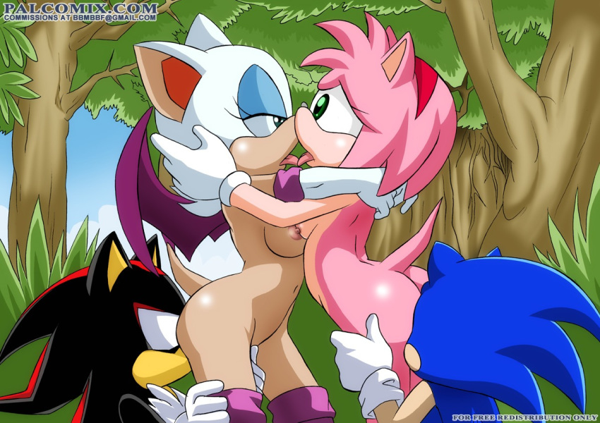 2_girls 2boys 2girls amy_rose animal_ears ass bare_legs bat_wings bbmbbf bisexual breast_press breasts eye_contact foursome french_kiss gloves grass green_eyes hairband half-closed_eyes hugging kissing leg_grab legs looking_at_another mobius_unleashed multiple_boys multiple_girls navel nipples nude open_mouth oral oral_sex outdoors palcomix rouge_the_bat sega sex shadow_the_hedgehog shiny shiny_skin sonic sonic_(series) sonic_the_hedgehog sonic_the_hedgehog_(series) symmetrical_docking tail tongue tongue_out torso_grab tree wings yuri