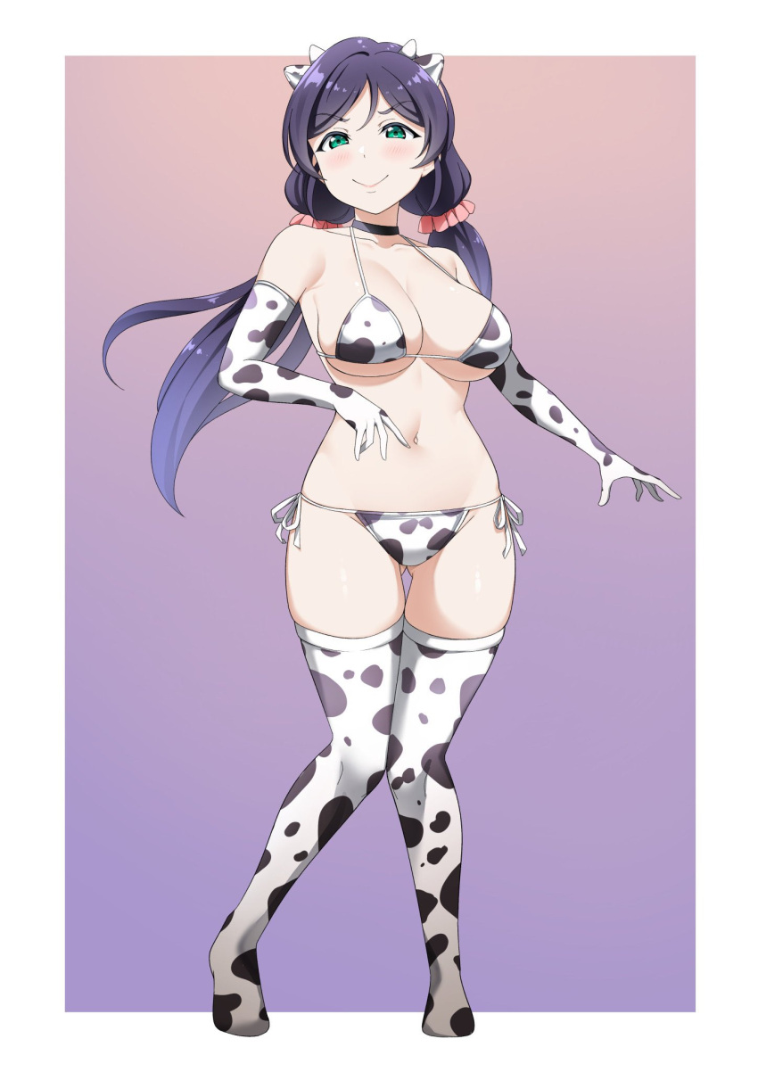 1girl 1girl animal_ears animal_print big_breasts bikini black_choker border breasts choker cleavage closed_mouth collarbone commission cow_ears cow_horns cow_print cow_print_bikini cow_print_thighhighs elbow_gloves full_body gloves gluteal_fold green_eyes high_res horns limelam06 love_live! love_live!_school_idol_project low_twintails navel print_bikini print_gloves print_thighhighs purple_hair skindentation smile stockings stomach swimsuit toujou_nozomi twin_tails v-shaped_eyebrows white_border