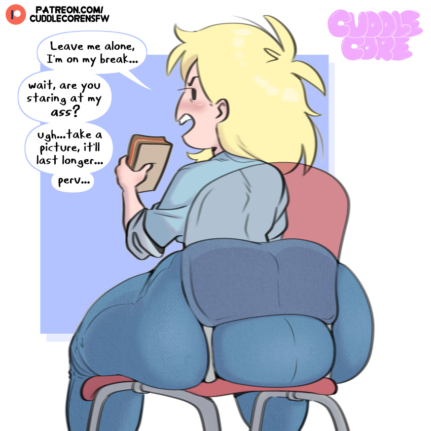 1girl 2023 2d 2d_(artwork) adventure_time adventure_time:_fionna_&amp;_cake ass ass_focus big_ass blonde_hair chair cuddlecore denim dialogue eyes female_focus female_only fionna_and_cake fionna_campbell fionna_the_human_girl high_res high_resolution huge_ass jeans looking_at_viewer looking_back low-angle_view massive_ass massive_butt open_eyes open_mouth plump_ass pov pov_eye_contact rear_view see-through_chair sitting sitting_on_chair talking talking_to_viewer thick thick_ass thick_legs thick_thighs tight_clothing tight_fit x-ray