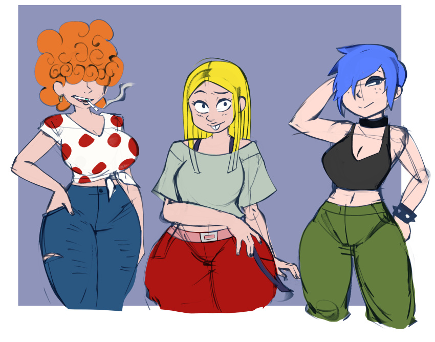 3girls big_breasts cartoon cartoon_network clothed ed,_edd,_'n'_eddy female female_only jeans kanker_sisters lee_kanker marie_kanker may_kanker oversized_shirt sfw sisters sleeveless_shirt smoking souley69 thick_thighs tied_shirt wide_hips