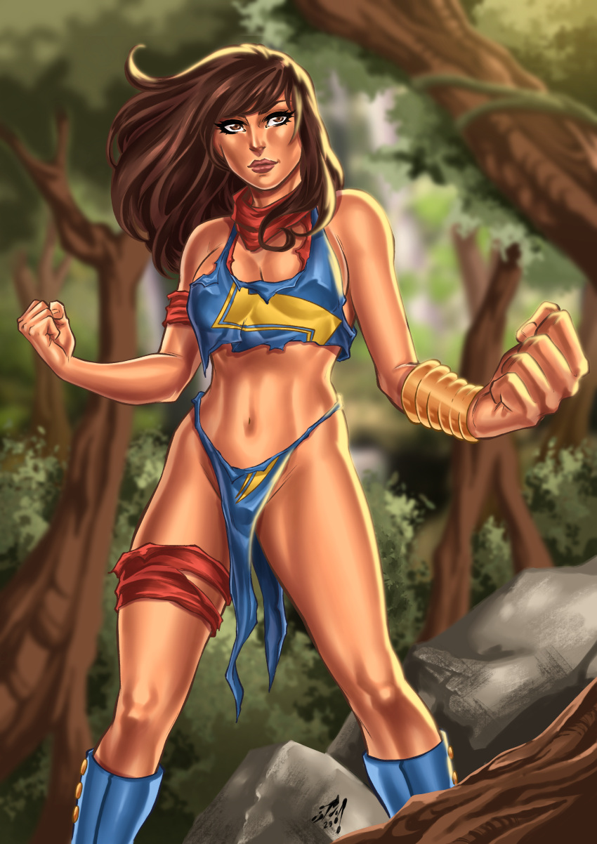 1girl arm_wrap ashmount boots bracelet branches brown_body brown_eyes brown_hair brown_skin brown_skinned_female damaged_clothes damaged_clothing female_only jungle junior_maia kamala_khan leaves leg_wrap loincloth long_hair marvel marvel_comics ms._marvel muslim muslim_female pakistani pakistani_female partially_clothed ripped_clothing savage_land scarf solo_female