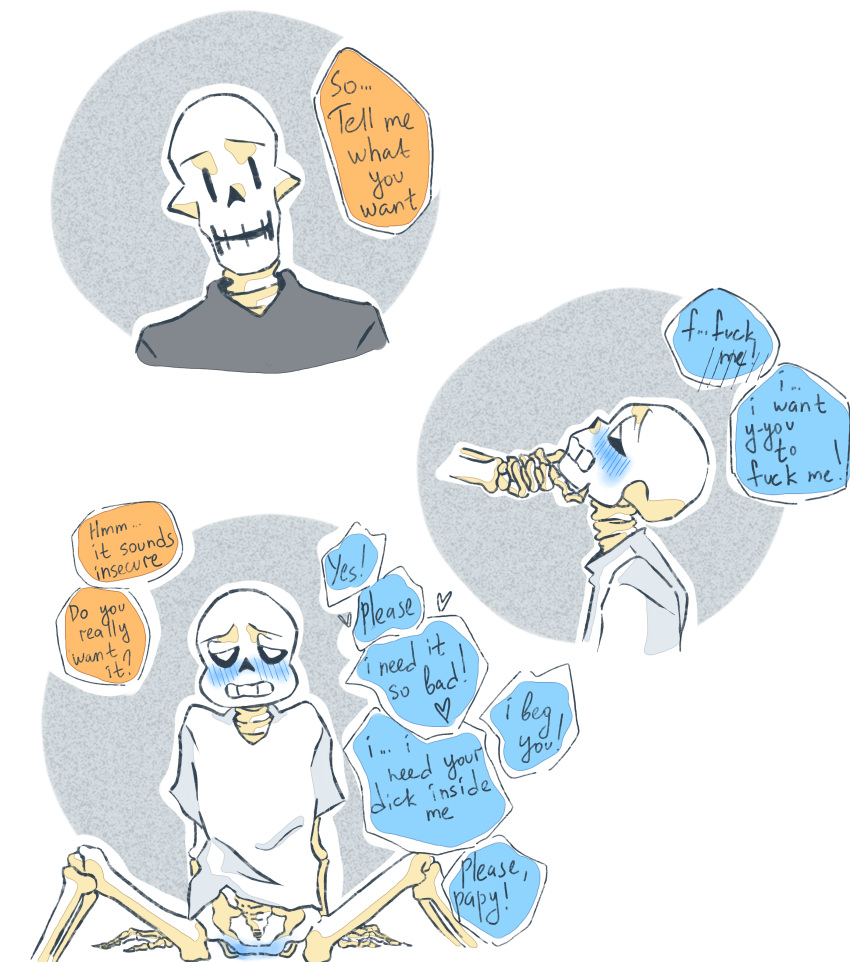 2010s 2018 animated_skeleton begging blue_blush blush bottom_sans bottomless brothers clothed duo english_text fontcest imminent_incest imminent_sex monster nagisaheichou papyrus papyrus_(undertale) papysans sans sans_(undertale) seme_papyrus skeleton text top_papyrus uke_sans undead undertale undertale_(series)